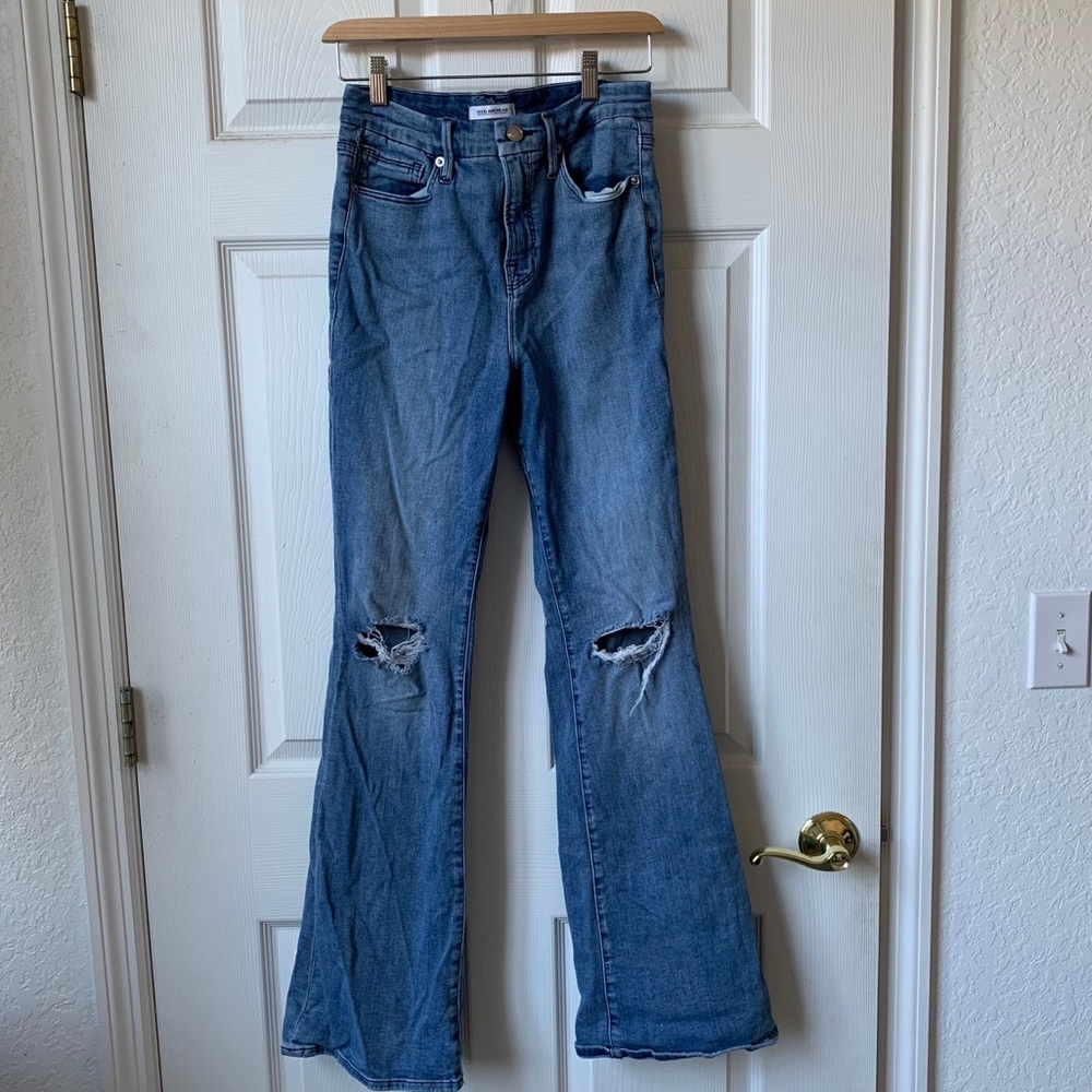 Like NEW Good American Flare Jeans with Knee Holes